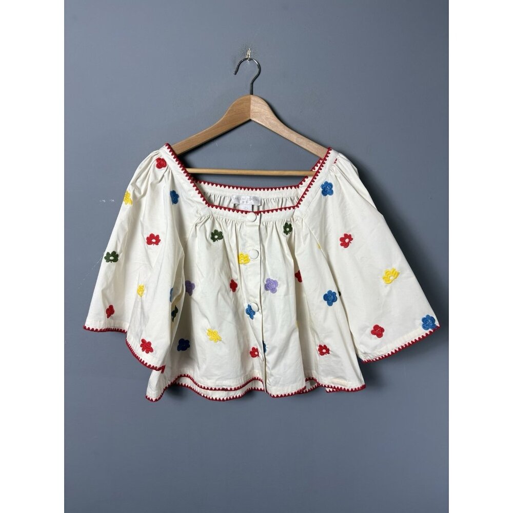 CAROLINE CONSTAS Womens L Ivory Floral Embroidered Flowy Cropped Blouse Top